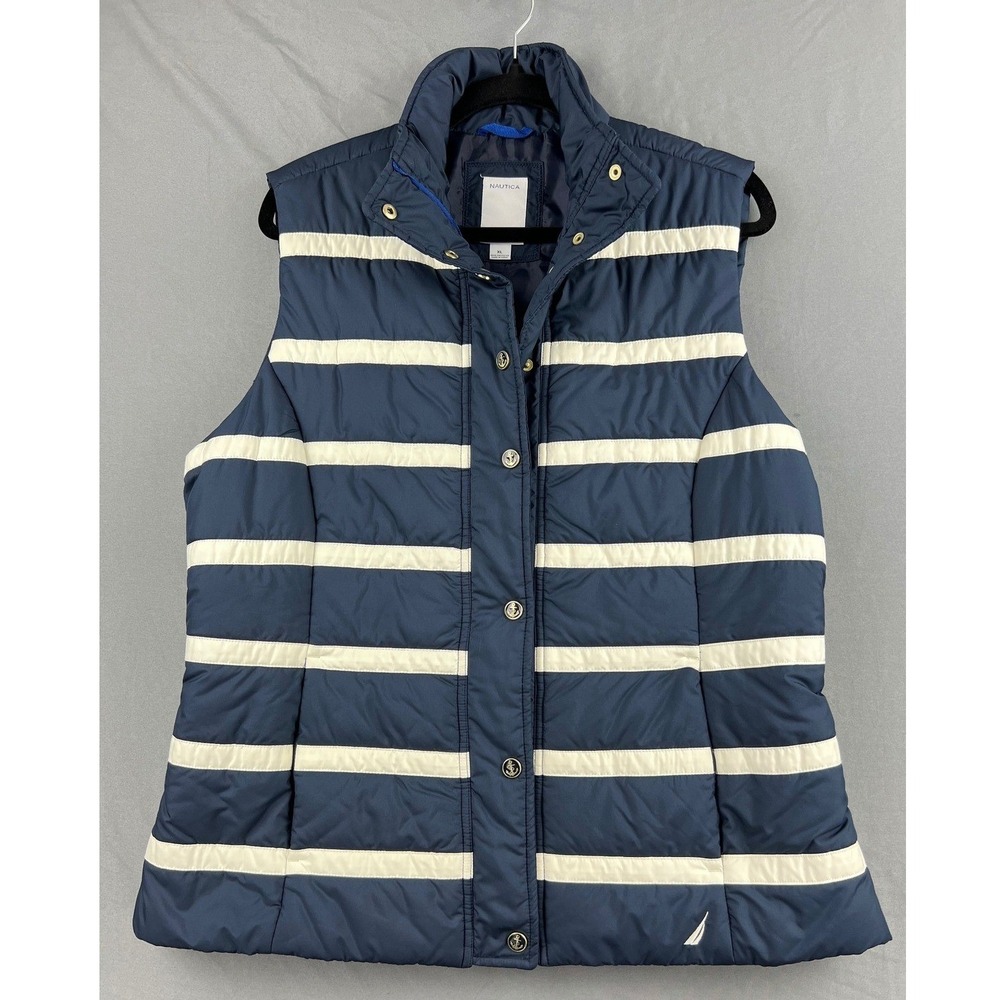 Nautica Puffer Vest Womens XL Blue White Striped Quilted Anchor Button Excellent